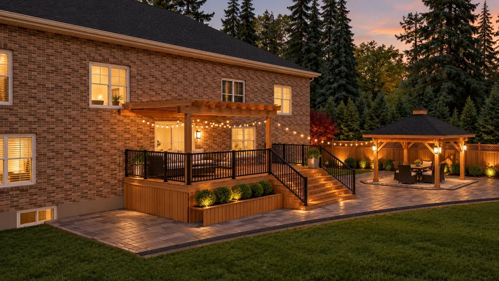 Illustration of a brick house and its backyard at dusk. A raised wood deck with a pergola and string lights has black railings and steps down to an interlock patio, with a wood gazebo and a board fence beyond.